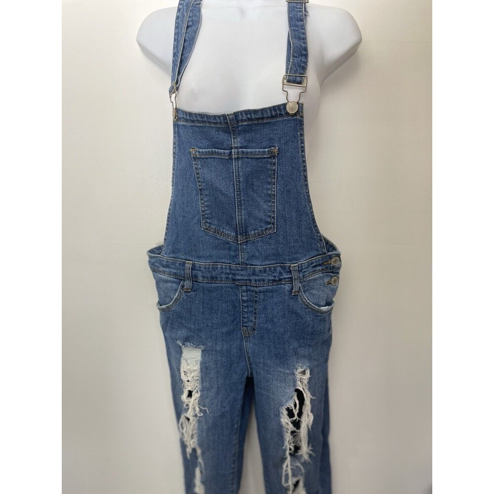 Papaya Jeans Women's Denim Long Distressed Cutoff Overalls Size L Wash B14
